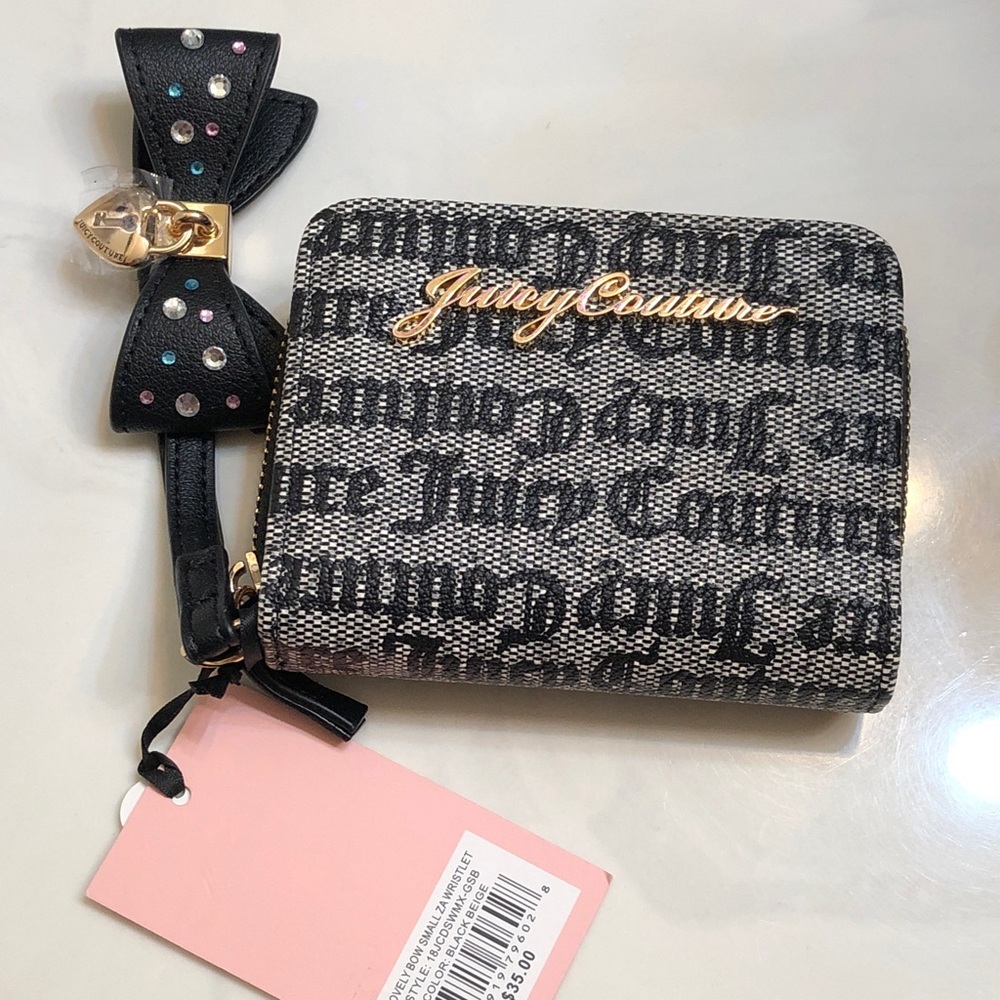 Juicy Couture Black Beige Lovely Bow Small ZA Bifold Wallet/Wristlet NWT